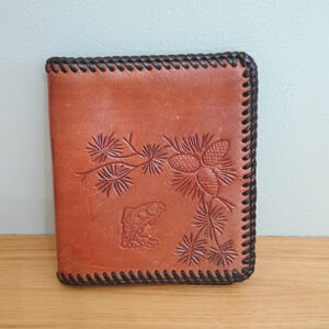 Vintage Hand Tooled Brown Leather Wallet Fish Wolf Pine Whip Stitched Western